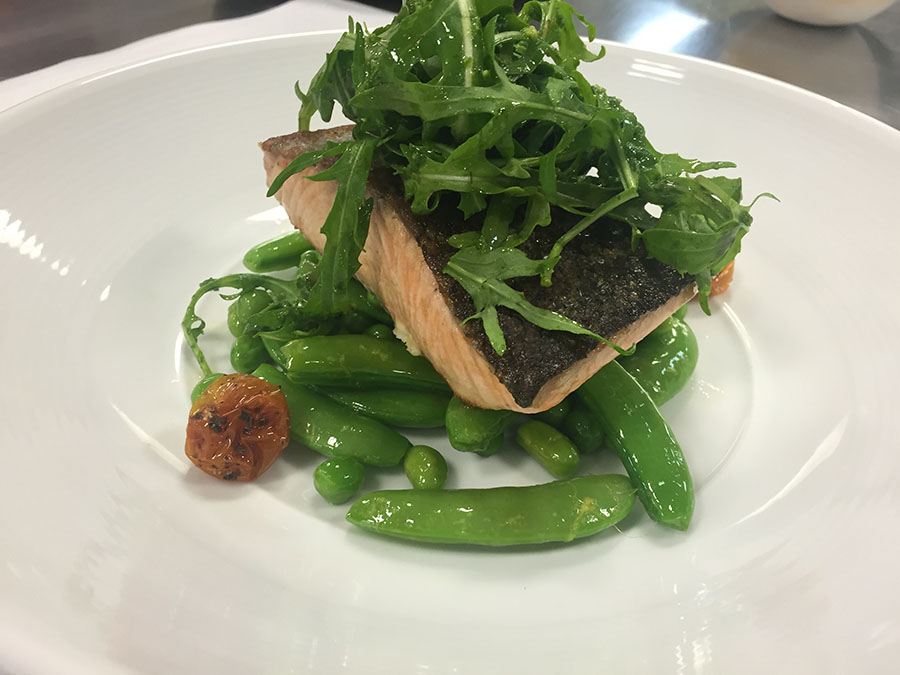 Crisp Salmon Fillet, asparagus, sugar snap and borlotti bean medley